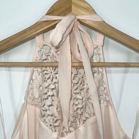 ZARA Chiffon Halter Maxi Dress Lace Crochet Grecian, Pale Pink NWOT - Picture 10 of 11